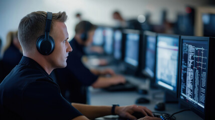 Dispatchers in 911 center use advanced tech to coordinate emergency responders. Monitor situations, manage crisis response efficiently. Police, medical teams, rescue vehicles coordinated for urgent