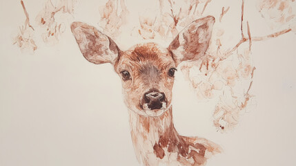 Whimsical watercolor deer portrait surrounded by delicate flowers