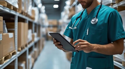 Warehouse worker wearing medical uniform uses tablet to track medical equipment inventory. Medical tech professionals manage warehouse inventory with digital tools. Efficient logistic in healthcare