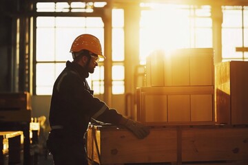 Fototapeta premium Industrial worker in reflective safety gear arranging wooden crates during sunset in a warehouse, symbolizing productivity, construction, and teamwork ethos in modern environments.