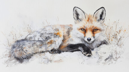 Obraz premium beautiful watercolor painting of fox resting in snowy landscape