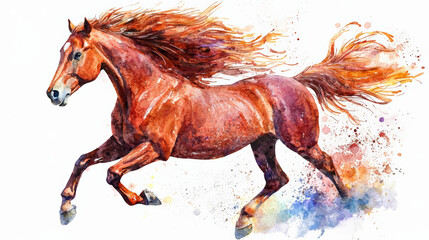 vibrant watercolor painting of running horse with flowing mane