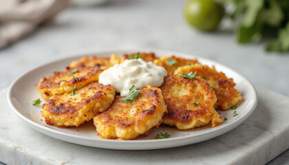 Golden Fritters on a white plate with a dollop of sour cream and fresh herbs, presented with an inviting, appetizing appearance against a blurred kitchen background