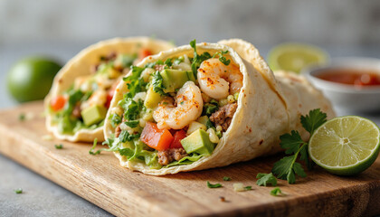 Nutritious Wraps with shrimp, avocado, and vegetables on a wooden board, conveying freshness and vibrancy, representing a healthy meal option with lime and salsa in the background