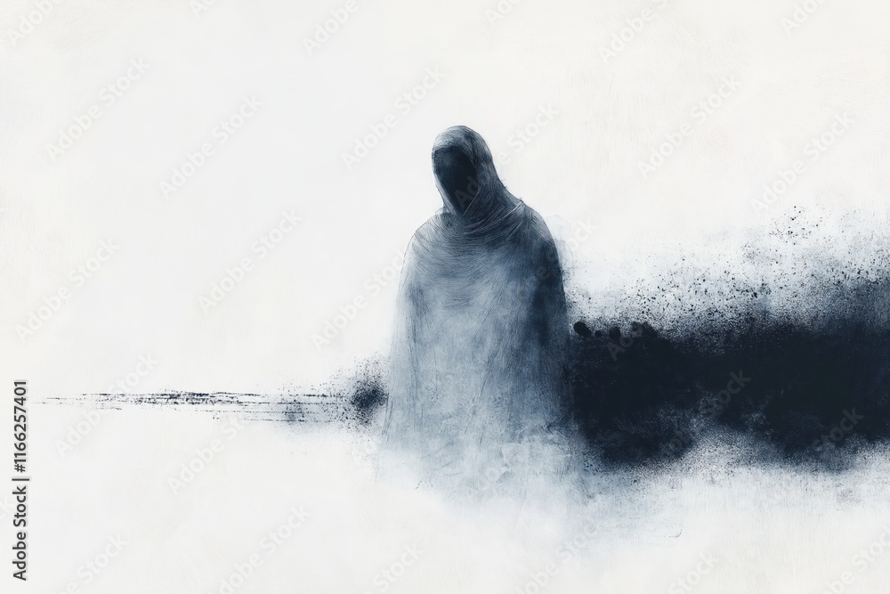 Poster mysterious figure shrouded in dark cloak. abstract art style. dark, ghostly. abstract texture. grung