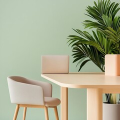 Bright office with light wood furniture, pastel accents, and lush greenery creating a harmonious...