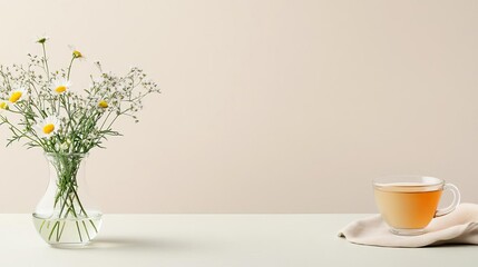 Clean tabletop with a glass vase holding wildflowers, a cup of herbal tea, and muted beige accents, tranquil workspace, natural light and softness