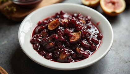 Seasonal Fruit Jam in a white bowl, showcasing rich colors and textures, with sliced figs adding a fresh touch to the homemade preserve, set against a dark kitchen surface