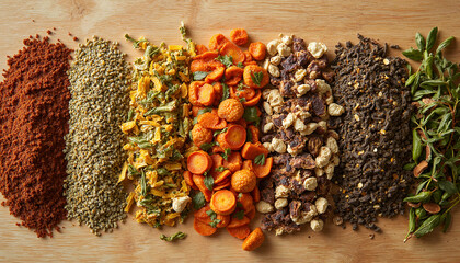 Herbal Teas Variety Displayed Colorful Dried Herbs and Spices on Wooden Surface Representing Natural Ingredients for Beverages