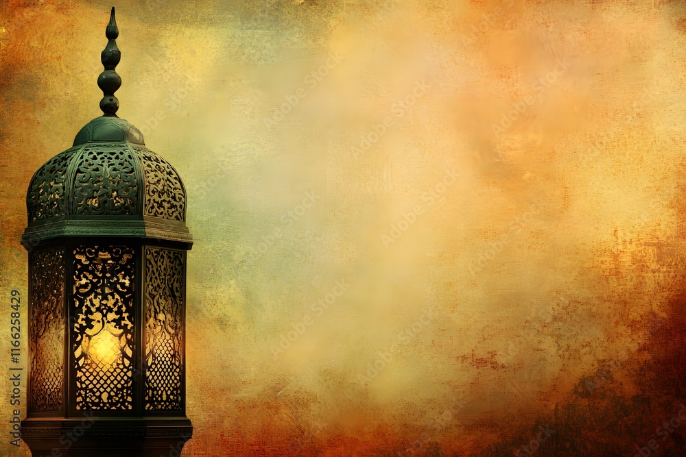 Poster elegant decorative lantern with intricate patterns glowing softly against a warm textured background
