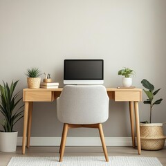 Compact workspace with neutral tones, handcrafted wooden furniture, and calming accents, minimalist home office, eco-conscious and stylish
