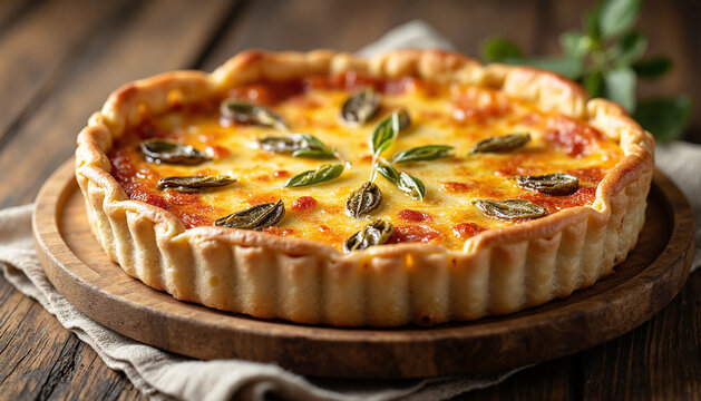 Classic French Quiche with a golden crust and vibrant green herbs, beautifully displayed on a wooden board, exuding warmth and a delicious homemade feel