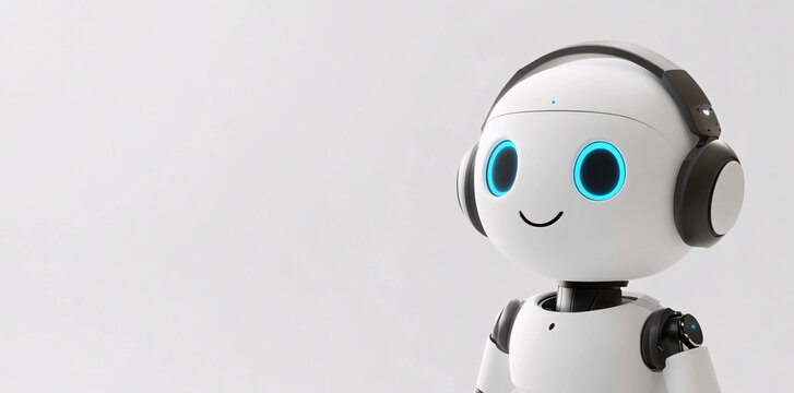 Minimalist AI call center robot with headset providing tech support on a light blue background
