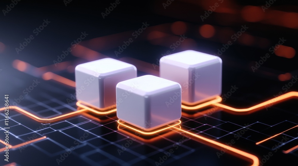 Poster abstract digital cubes on a glowing circuit background.