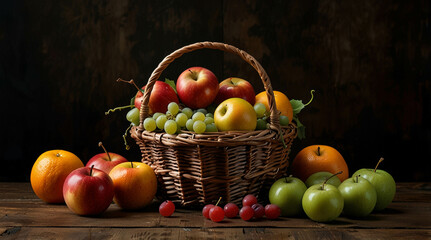 a wicker basket filled with a variety of fresh fruits, placed on a wooden surface