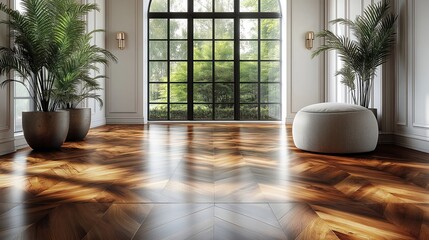 Empty modern room with elegant design. Polished brown hardwood parquet flooring creates stylish patterns. Textured white walls complement interior. Large window with garden view adds brightness to