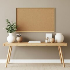 Eco-friendly workspace with corkboard accents, handmade pottery, and a sleek bamboo desk, natural workspace, sustainable and functional