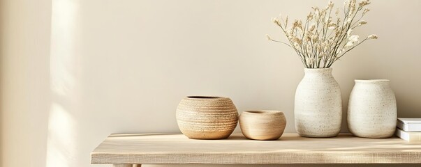 Elegant workspace with pottery accents, beige palette, natural light, calming desk setup, chic and organic