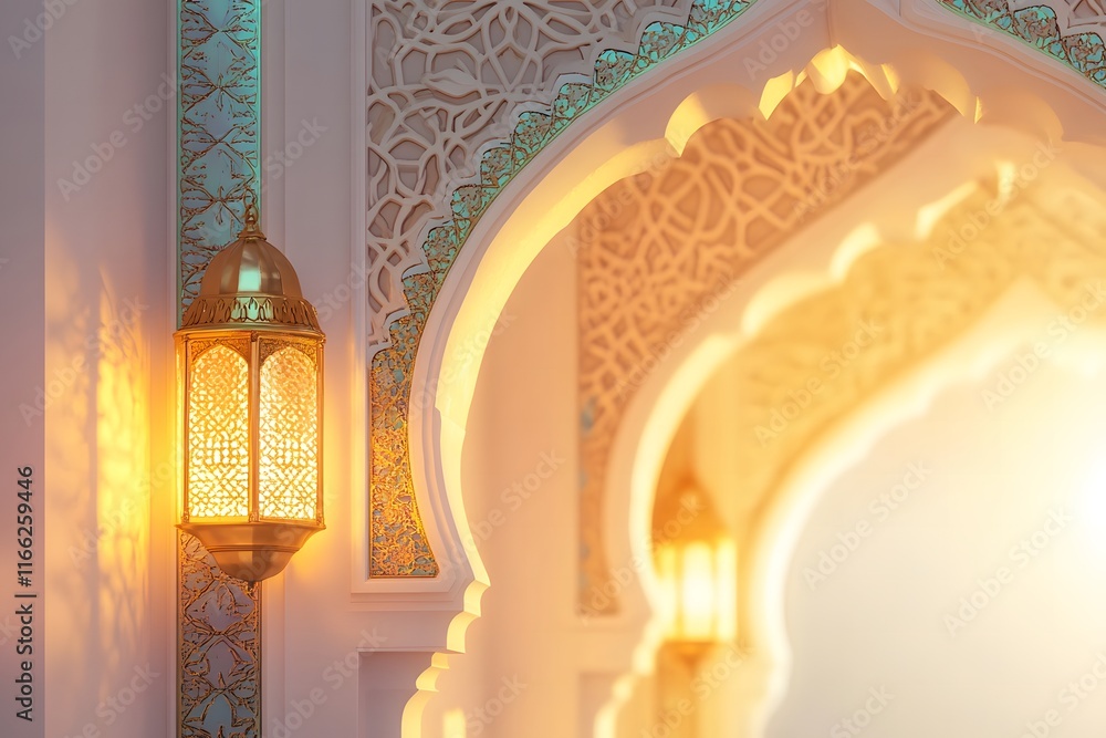 Poster elegant moroccan lantern illuminating intricate architectural details in a warm and inviting interio