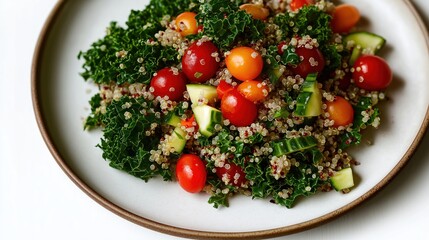Healthy quinoa salad with kale, fresh vegetables. Colorful mix of quinoa kale cherry tomatoes, cucumber. Delicious, vibrant dish on white plate. Appetizing, wholesome meal for healthy diet. Perfect