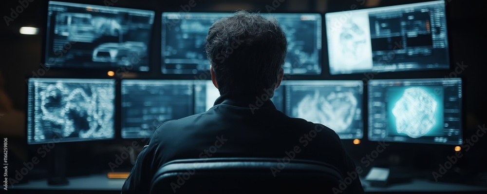 Poster security guard attentively monitors multiple screens displaying real-time ai vehicle tracking data, 