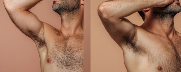 Collage a manas armpit before and after epilation, set against a light brown background.