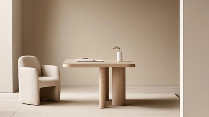 Light-filled corner office with beige tones, a simple wooden desk, and soft fabric textures, minimalist workspace, calm and elegant