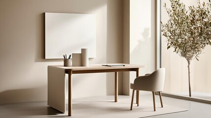 Light-filled corner office with beige tones, a simple wooden desk, and soft fabric textures, minimalist workspace, calm and elegant