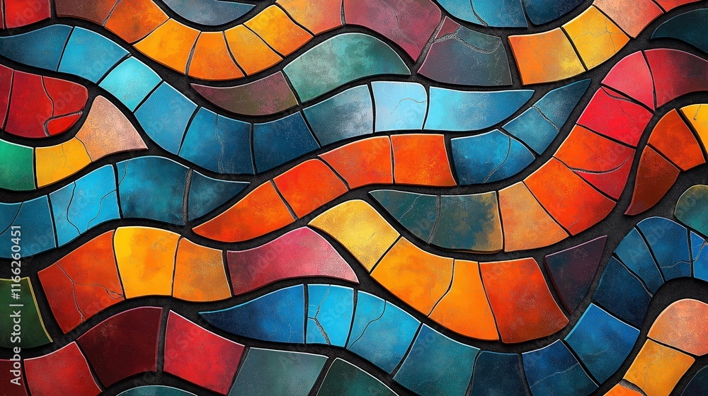 Poster colorful mosaic pattern creates wavy design. multicolored tiles form flowing lines. abstract art des