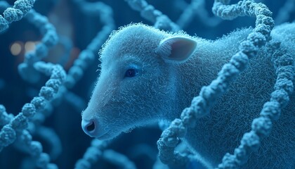 3D rendered visualization prions and protein mutations, representing biotechnological advances in studying diseases like Mad Cow. Features a blue background.