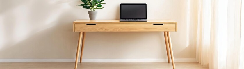 Minimalist wooden desk with a single plant and a sleek laptop, soft natural light streaming through a window, minimalist workspace, tranquil productivity