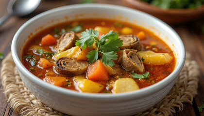 Aromatic Vegetable Soup with Rolled Tortillas Displayed in a Rustic White Bowl Evoking Comfort and Warmth on a Wooden Table Surrounded by Fresh Ingredients