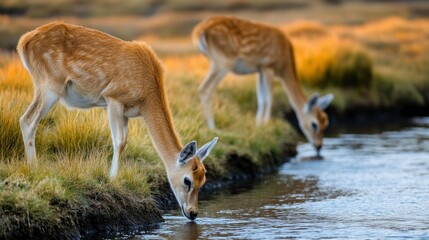 Obraz premium Animals Grazing by Watering Holes in Golden Hour Light