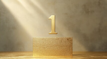 Golden number one on textured gold surface. Luxury design. Success concept. Achievement highlighted. Winner displayed. First place. Gold background. Modern aesthetic. Premium quality. Award-winning