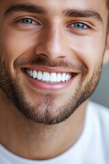 Naklejka premium Smiling mana??s before and after teeth whitening procedure, emphasizing improved dental health.