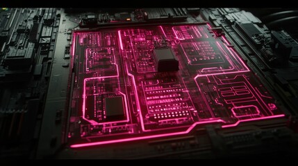 A close-up of a circuit board illuminated with pink light, showcasing intricate electronic components.