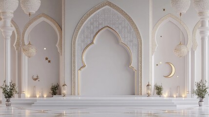 Fototapeta premium Elegant Islamic Architecture Interior Design: Ramadan Festive White Mosque Setting