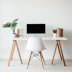 Neutral-toned workspace, calming natural accents, organic textures, minimalist home office, artful tranquility