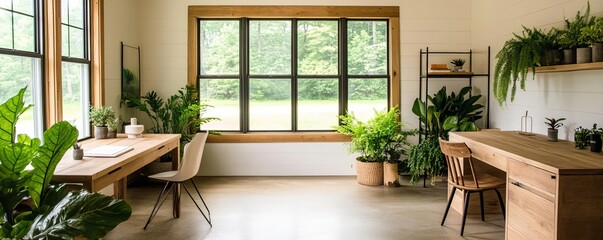 Open workspace with modern rustic decor, reclaimed wood accents, and lush greenery, minimalist natural office, eco-conscious and serene