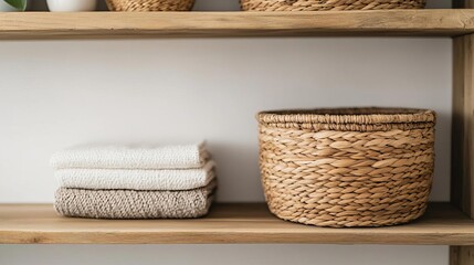Fototapeta premium Organic workspace, wood shelves, woven basket