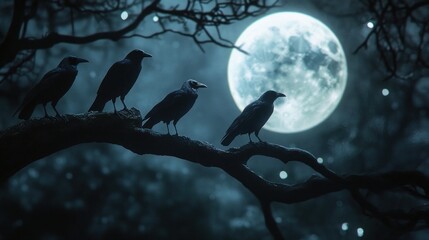 Mystical Night: Four Crows Silhouetted Against a Full Moon