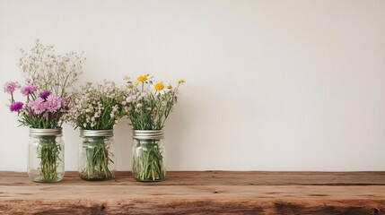Rustic desk with reclaimed wood, wildflowers in jars, soft natural light, eco workspace, natural and charming