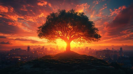 Silhouette of a tree against a vibrant sunset.