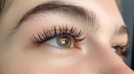 Obraz premium Young womana??s eyelashes close-up, comparing natural lashes to extensions after the procedure.