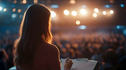 Woman taking notes at a large conference event