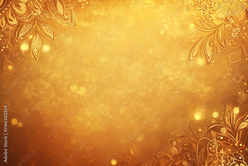 Poster a shimmering golden background with floral patterns and soft lighting.