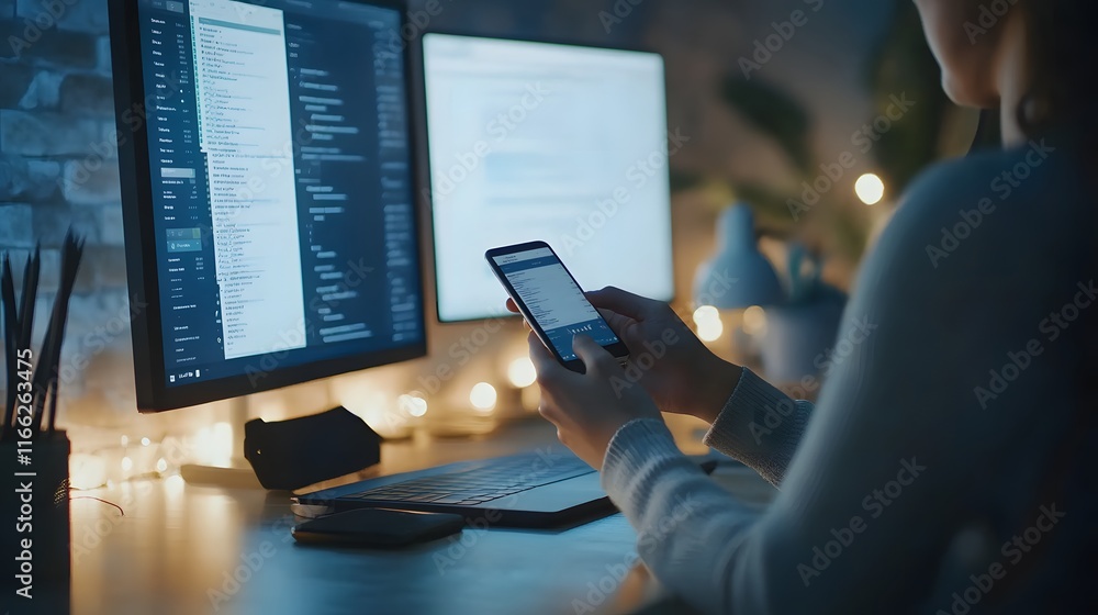 Poster woman works late coding on computer and phone