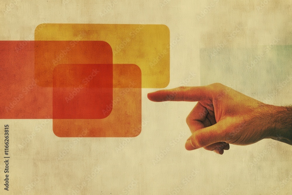 Poster Abstract Hand Gesturing Towards Overlapping Colorful Rectangles on a Vintage Textured Background