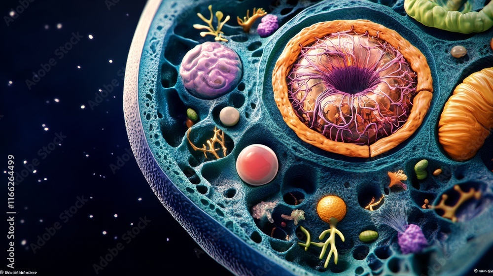 Poster microscopic cell anatomy: a 3d render of cellular structures