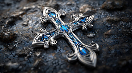  silver cross with blue embossed details